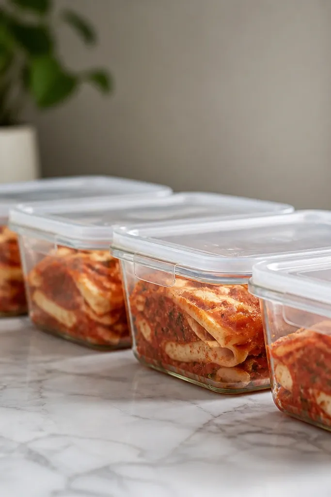 Several clear food storage containers lined up, each filled with sauced ravioli. The portions are level and topped with a light layer of sauce, with lids closed.