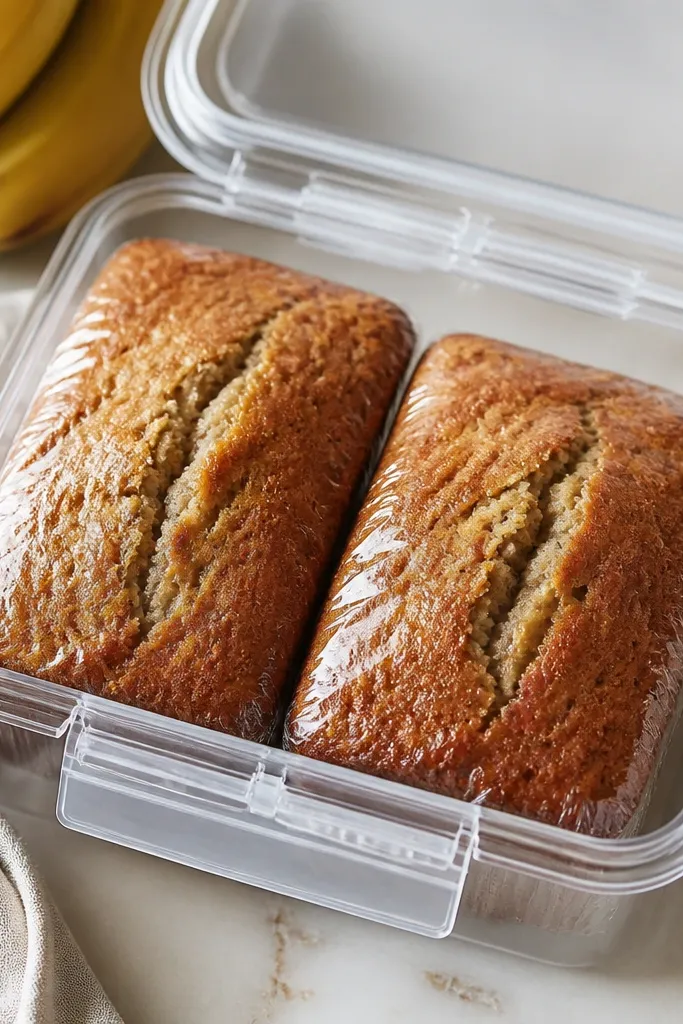 A pair of small gluten free banana bread mini loaves sitting in a clear rectangular plastic container with a locking lid. Each loaf is wrapped in thin plastic wrap, then placed so the slices line up neatly when you lift the lid. The top is golden with a slightly cracked surface.