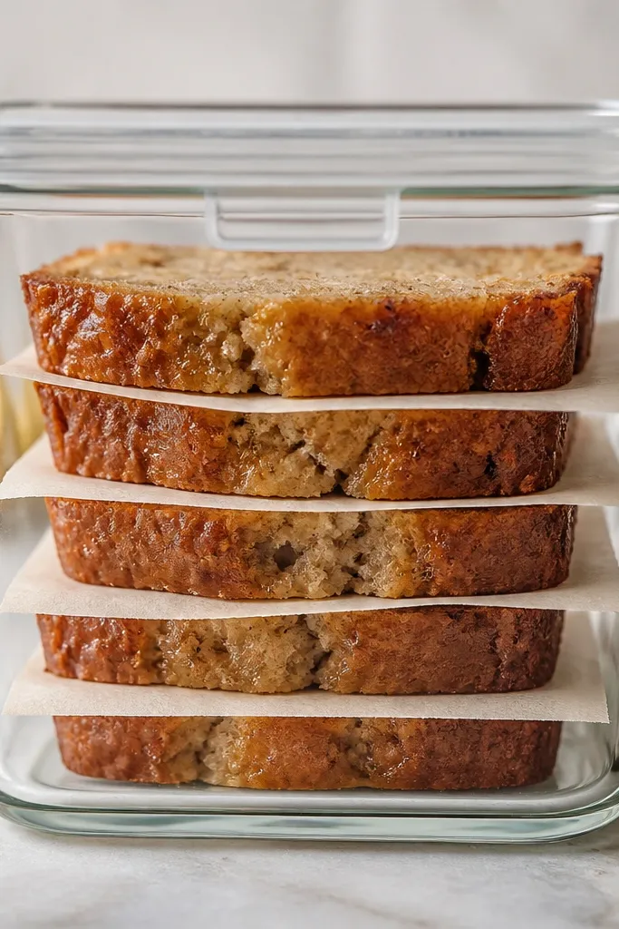 A stacked layer of banana bread slices inside a glass meal-prep container. Between each slice is a thin sheet of parchment, and the container has a tight lid. The slices show a moist crumb and a glossy, golden top edge.