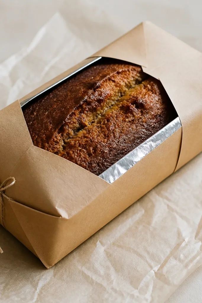 A single loaf sitting on parchment paper, wrapped in brown kraft paper with a strip of foil-lined paper on the inside. The wrap is folded neatly at the ends, and a small piece of twine holds it closed. The banana bread top is visible through a small opening window cut in the paper.