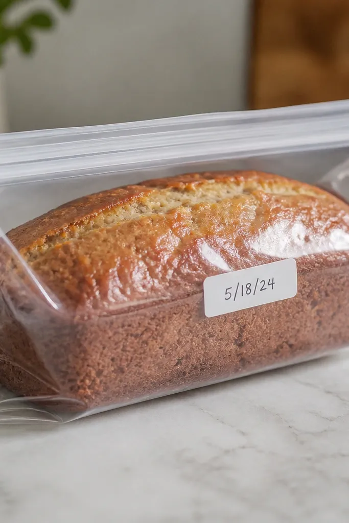 A whole gluten free banana bread loaf placed inside a clear silicone produce bag. The bag is closed with a zipper top, and a label on the side reads the date. The loaf top is glossy and golden, with a few banana specks visible.