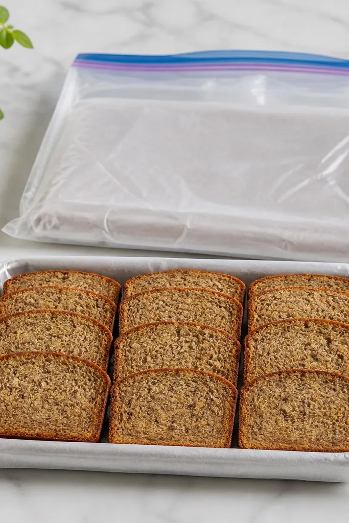 A sheet of banana bread slices laid flat on a freezer tray, wrapped in freezer paper. Above it is a zip freezer bag sealed around the tray. The slices show even browning and a tender crumb.