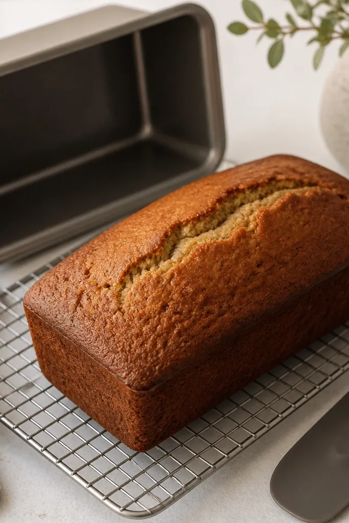 A baked banana bread loaf resting on a wire rack, with a slight crack along the top. The pan is overturned beside it, and a silicone spatula is ready to lift the loaf. The loaf has a domed shape and a matte-golden top.