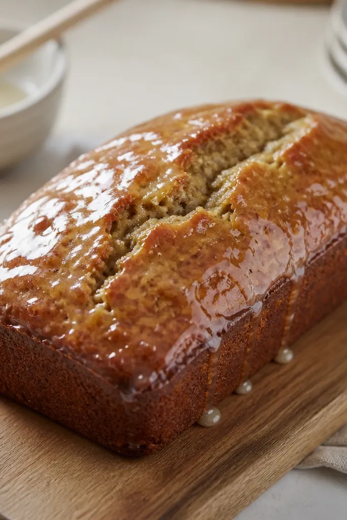 A banana bread loaf with a thin honey glaze that catches the light, with a few small drips around the edges. The glaze is glossy but not sticky-looking, and the top cracks are still visible.