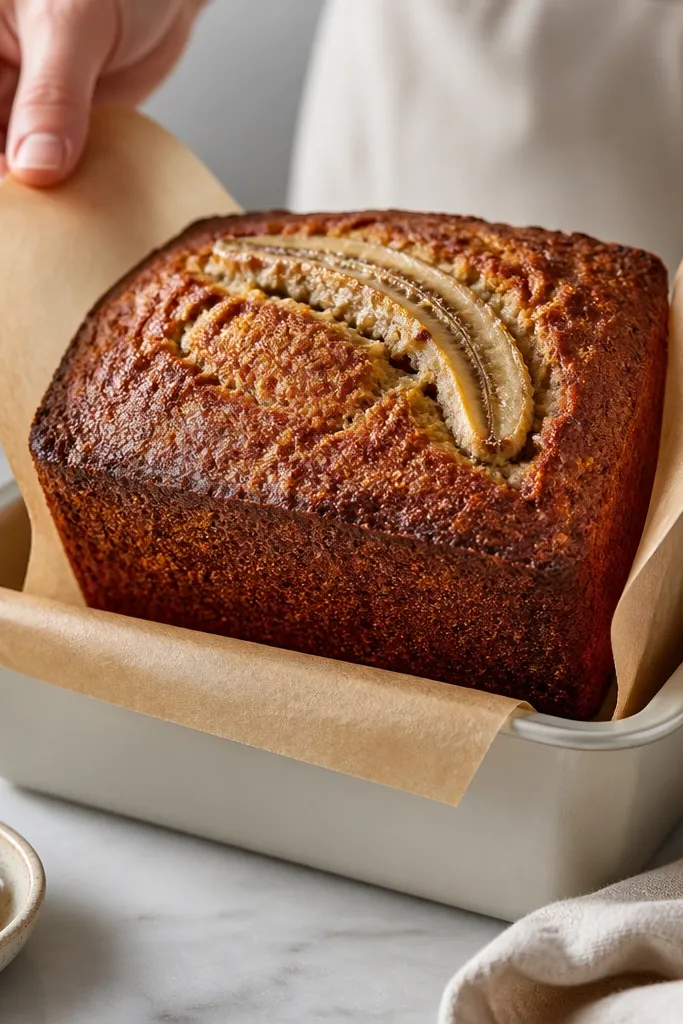 A light-colored loaf pan lined with parchment that forms a sling over the sides. The banana bread loaf is baked and lifted partially using the parchment handles. The edges look slightly darker and crisp.