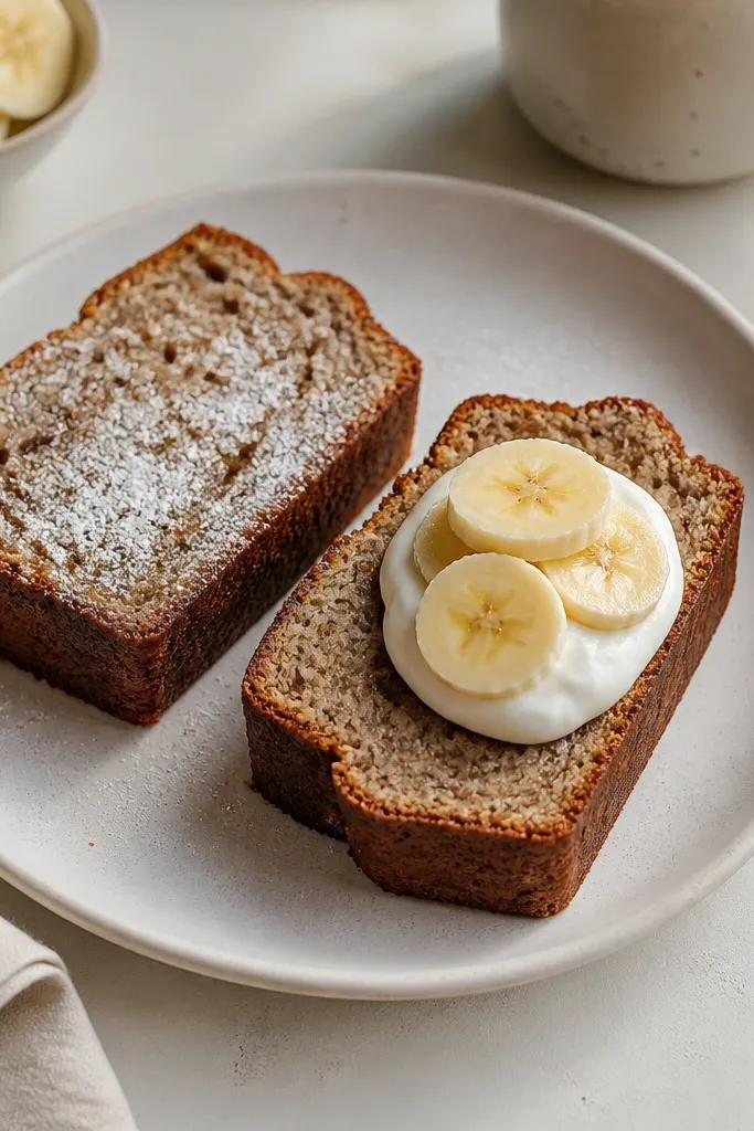 A white ceramic plate holding two thick banana bread slices. One slice has a dusting of powdered sugar, and the other has a small dollop of Greek yogurt with banana coins. A fork sits to the side, and a napkin is folded neatly.