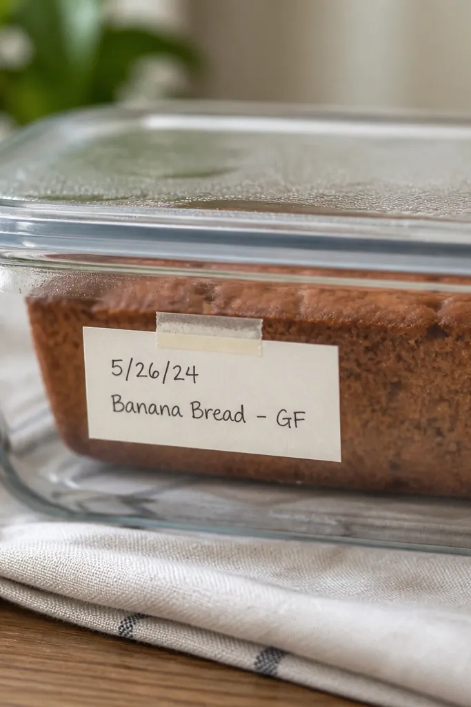 A small label taped to the side of a clear container. The label has the date, and a short note like 'Banana Bread - GF' in neat handwriting. The container lid is slightly fogged from cold, but the label stays readable.